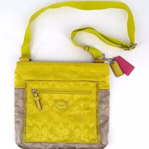 Coach Vibrant Yellow and Tan Nylon Signature Monogram Crossbody Bag. EUC.